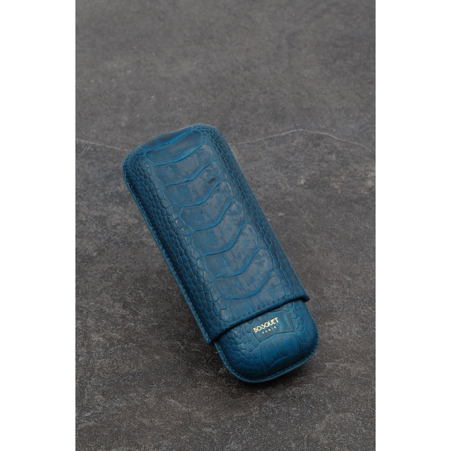 Ostrich Leg Leather Rectangular Cigar Case - Petrol Blue