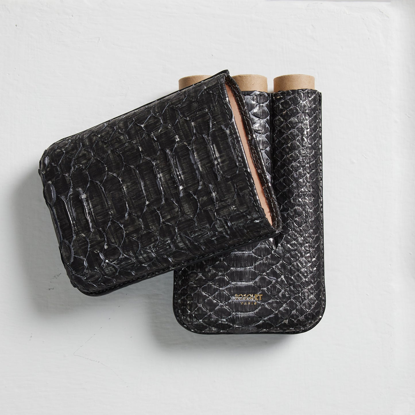 genuine python Leather cigar Case for 3 cigars -black, elegant cigar case