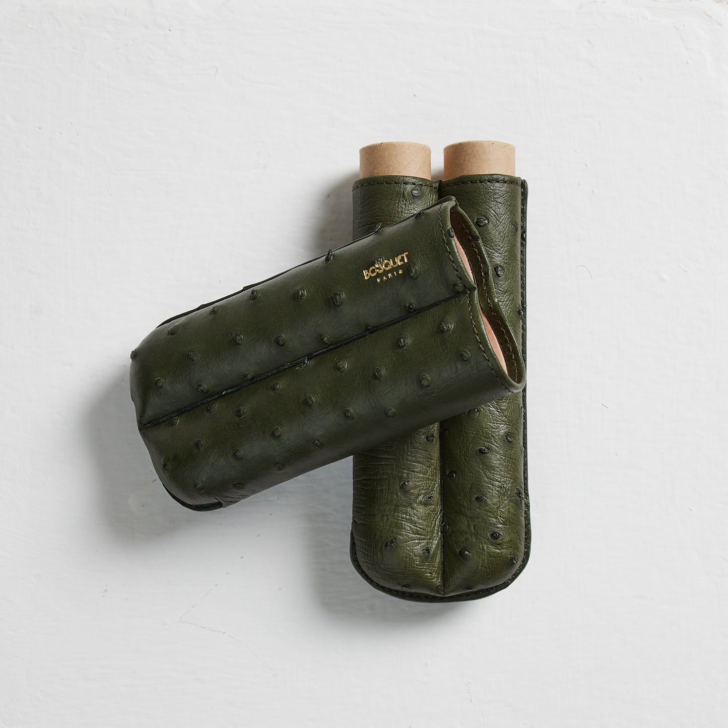 Ostrich Leather Case for 2 cigars - Olive Green