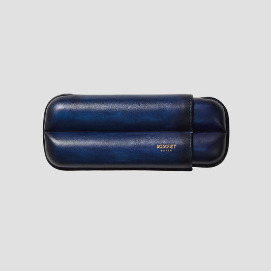 genuine smooth calf leather cigar case for 2 cigars, Leather cigar Case For 2 cigars - navy blue with patina, elegant cigar case