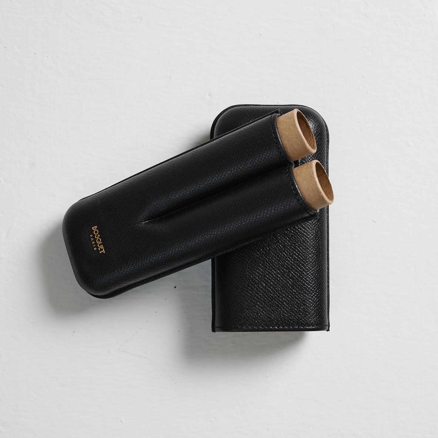 Grained Calf Leather cigar Case For 2 cigars - Black with 24 carat gold logo, elegant handcrafted cigar case from genuine leather
