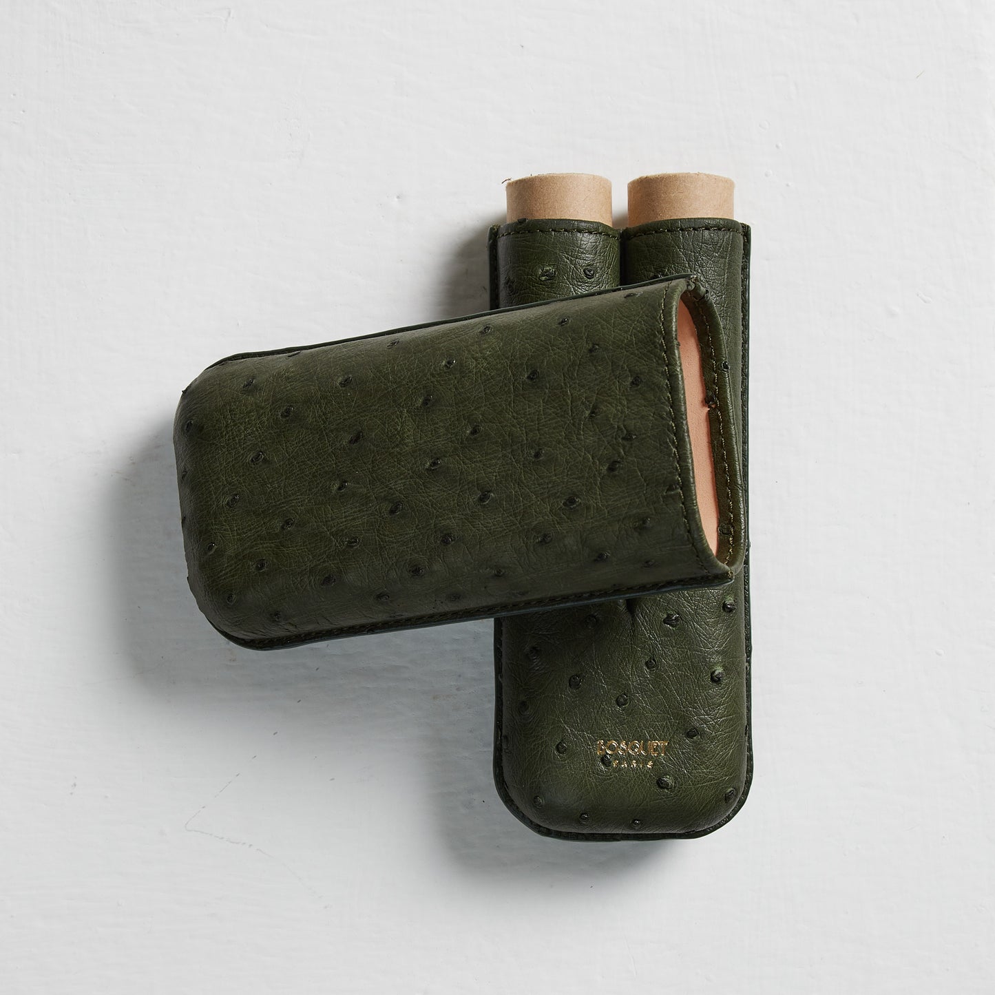 genuine Ostrich Leather cigar Case for 2 cigars - Olive Green, elegant cigar case