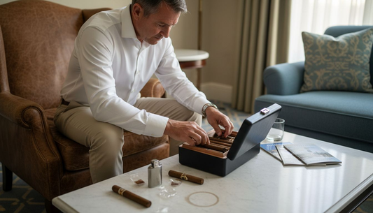 Traveler packing cigars in travel humidor