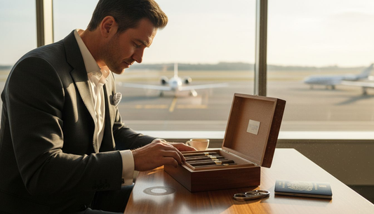 Man opening luxury travel humidor in airport lounge