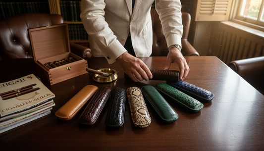 Collector arranges seven leather cigar cases on table