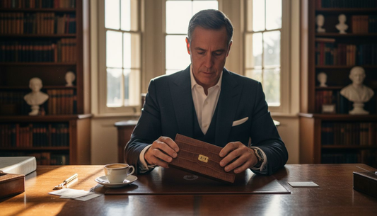 Man opening luxury cigar case on desk