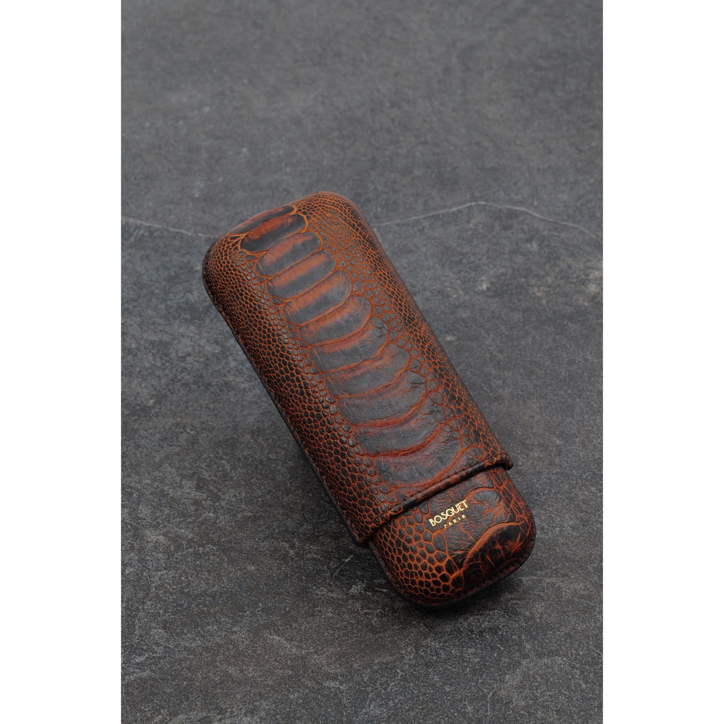 Ostrich Leg Leather Rectangular Cigar Case - Tobacco brown