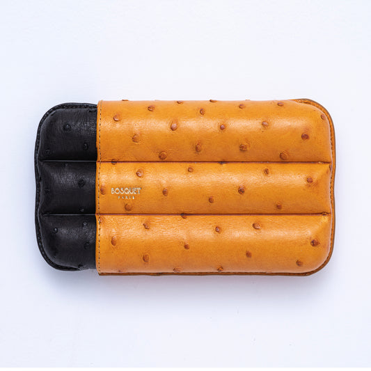 Ostrich Leather Case for 3 cigars- Orange and Black