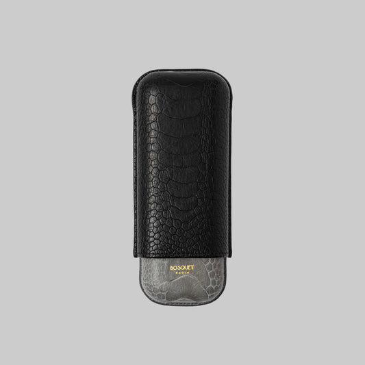 Ostrich Leg Leather Rectangular Cigar Case - Two Tone Black Grey