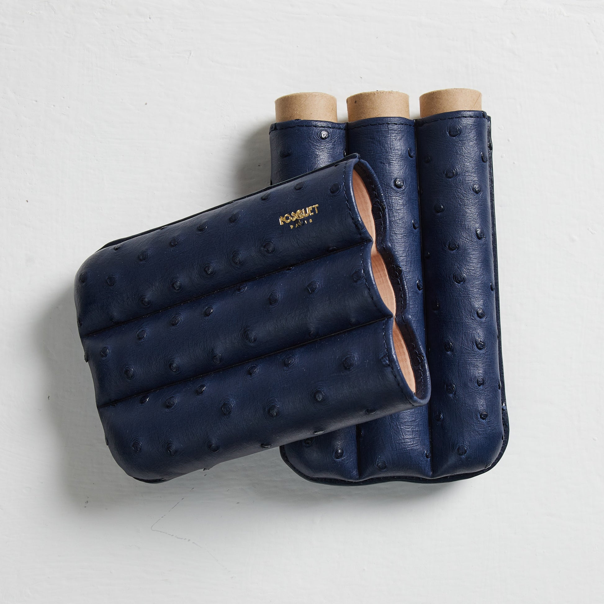 genuine Ostrich Leather cigar Case for 3 cigars  - presidential blue, elegant cigar case