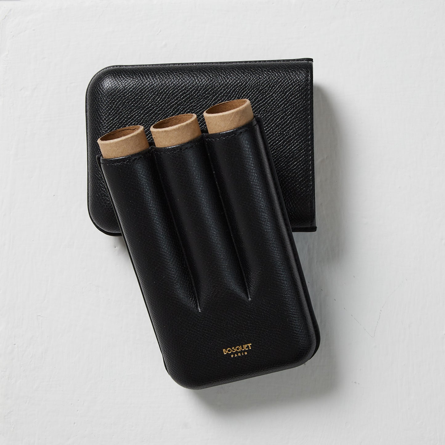 Grained Calf Leather cigar Case For 3 cigars - black, genuine leather cigar case, elegant handcrafted cigar case