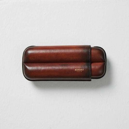 Leather cigar Case for 2 cigars - Hand finished in mahogany red patina, elegant cigar case
