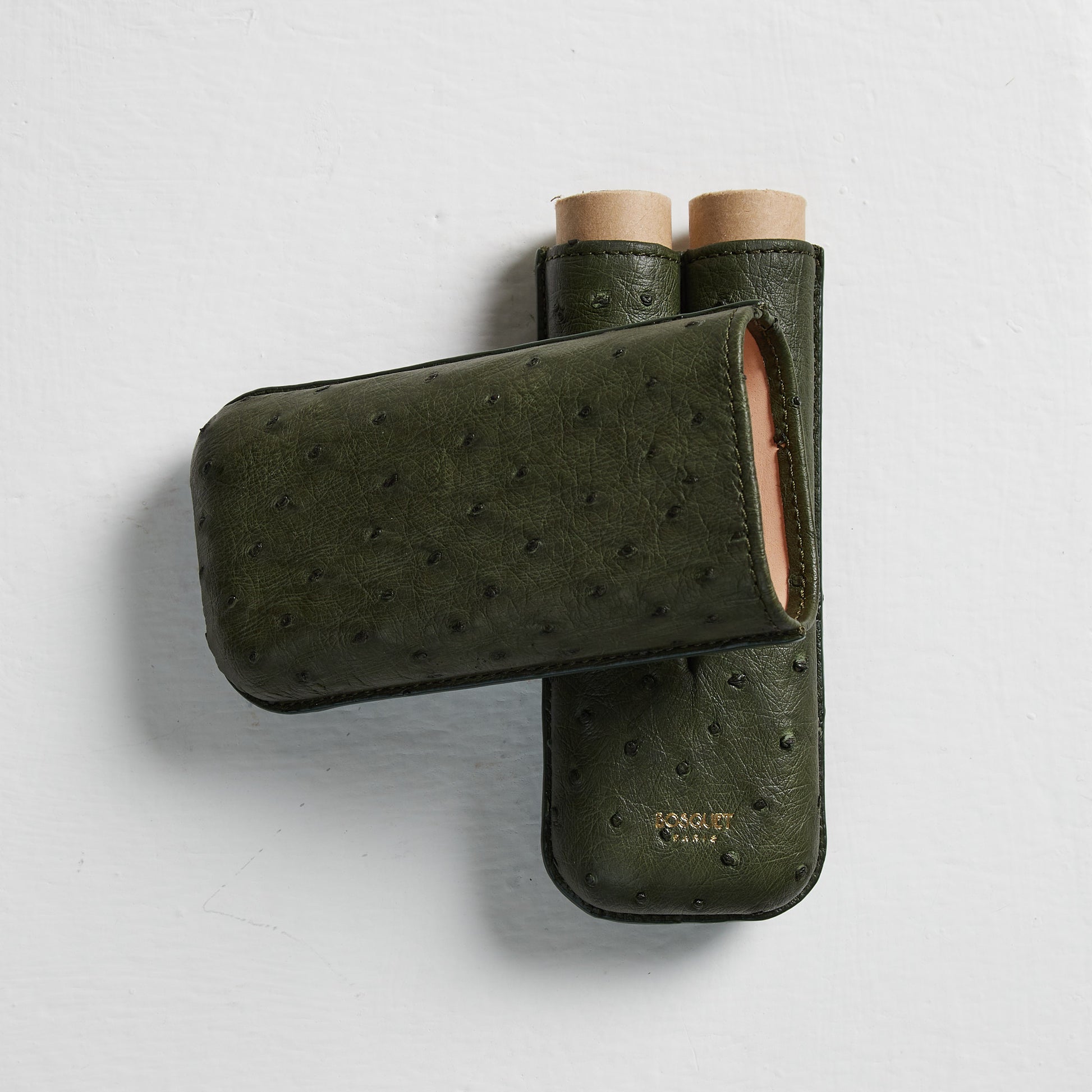 genuine Ostrich Leather cigar Case for 2 cigars  - Olive Green, elegant cigar case